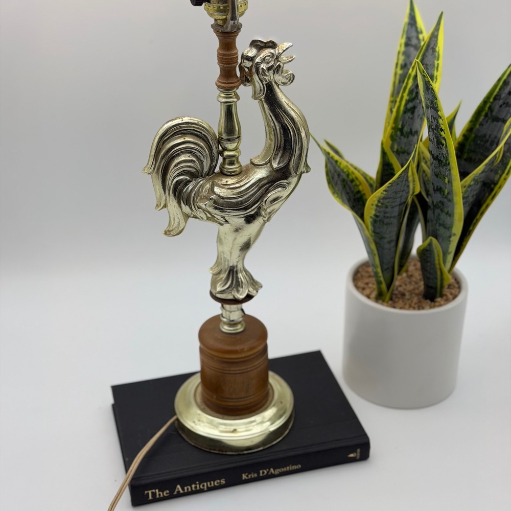 Vintage Rooster Table Lamp Gold Tone Figural Wood Brass Base Farmhouse Decor